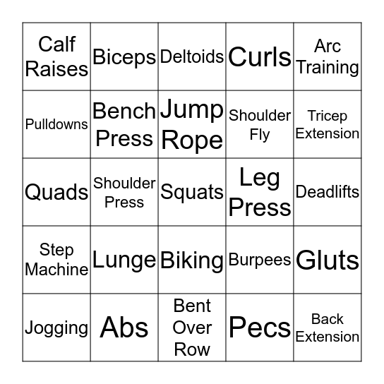 Workouts and Muscles Bingo Card