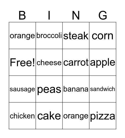 Food Bingo Card