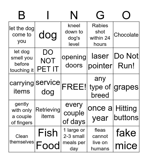 Pets Bingo Card