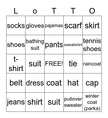 Les Vêtements Bingo Card