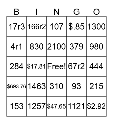 addition subtraction multiplication division Bingo Card