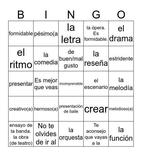 Vocabulario De Arte Bingo Card