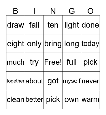 Grade 2 Bingo Card