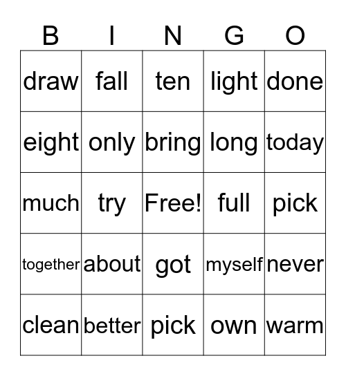 Grade 2 Bingo Card