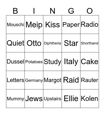 A Diary of A Young Girl Bingo Card