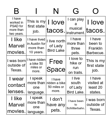 PSAD Bingo Card