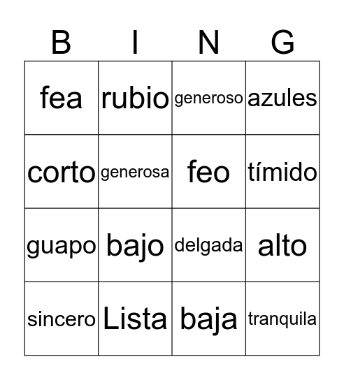 Adjetivos Bingo Card