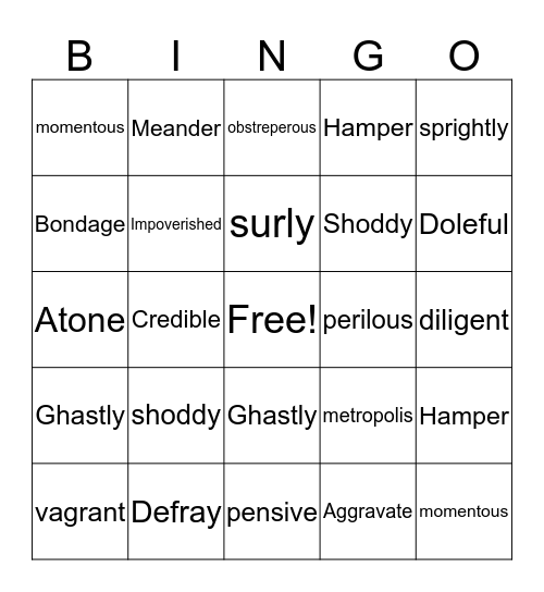 Vocabulary Bingo Card