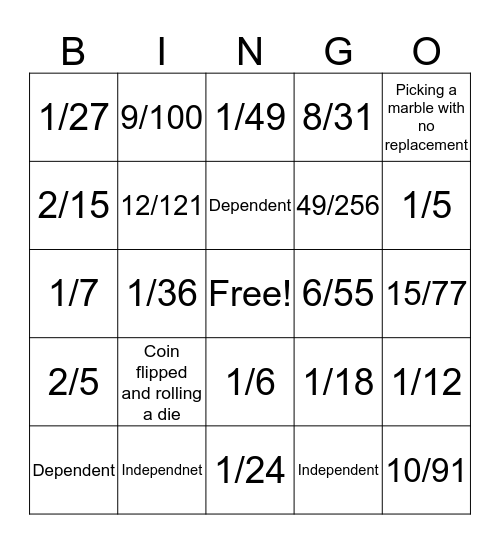 Probability Bingo Card