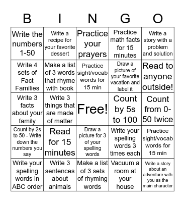 Homework Bingo Card