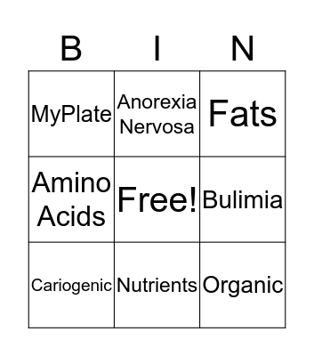 Nutrition Bingo Card