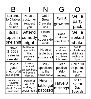 Mels Burger Bar Bingo Card