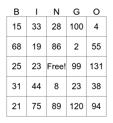 Number Bingo Card