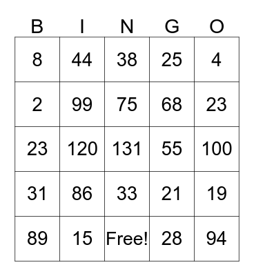 Number Bingo Card