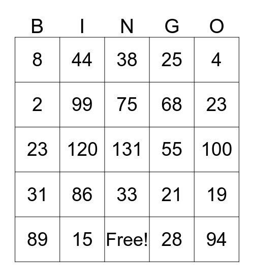 Number Bingo Card