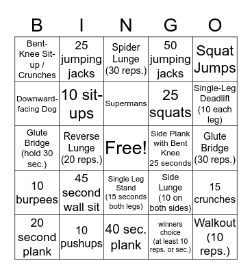 Fitness  Bingo Card