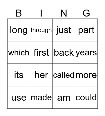 sight word BINGO Card