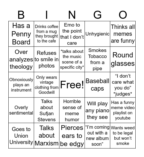 Annoying White Boy Bingo Card