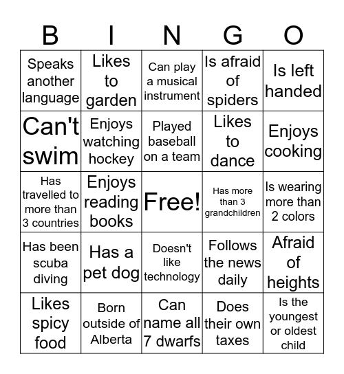 People Bingo!  Bingo Card