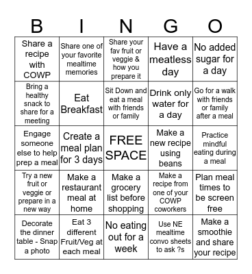 RMPRC Mealtime BINGO Card