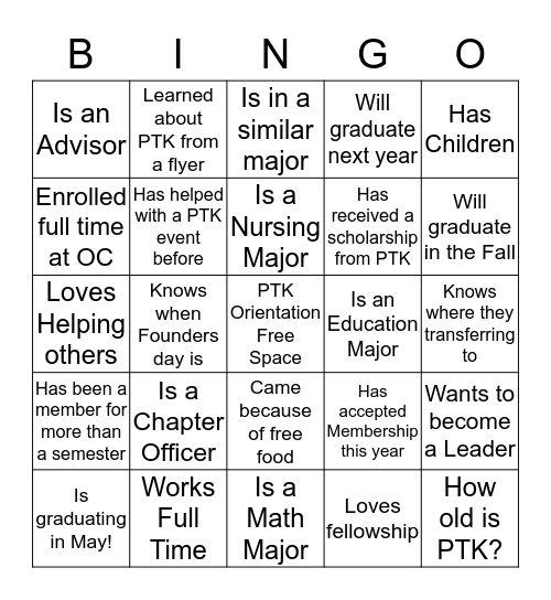 Phi Theta Kappa Bingo Card