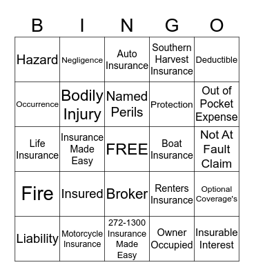 Southern Harvest Insurance BINGO! Bingo Card