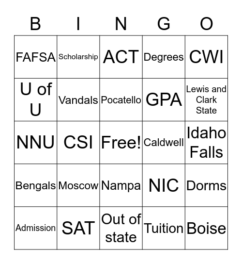College Bingo Card