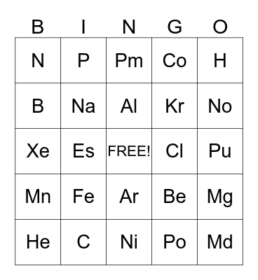 P Table Bingo Card