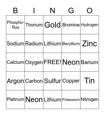 PERIODIC TABLE BINGO!!!!!!! Bingo Card