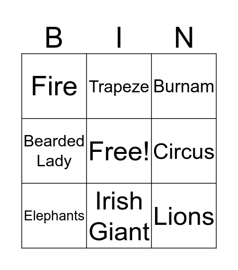 Circus Bingo  Bingo Card