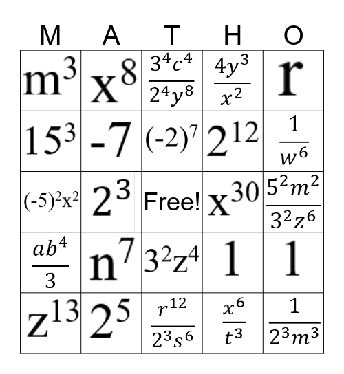 Exponent Laws Bingo Card