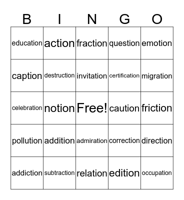 Words Ending with "tion" Bingo Card