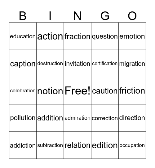 Words Ending with "tion" Bingo Card