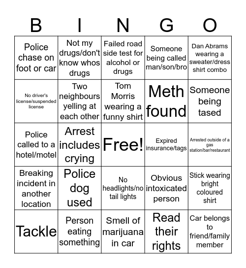 LIVE PD Bingo! Bingo Card