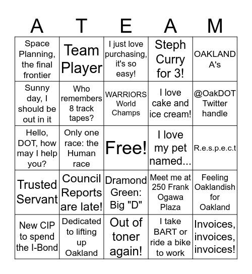 Administrative Team "Bingo" Bingo Card