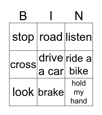 Road safety Bingo Card