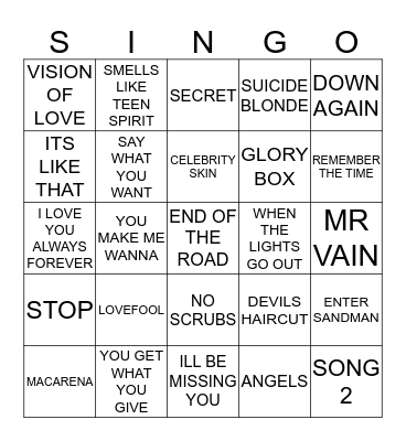 205 90’S JUKEBOX #3 Bingo Card
