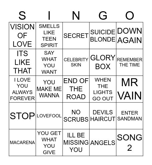 205 90’S JUKEBOX #3 Bingo Card