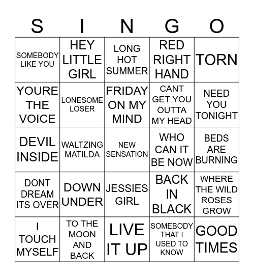 206 ANZAC DAY PUB PLAYLIST Bingo Card