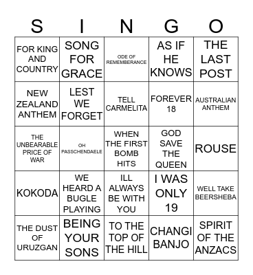 207 SPIRIT OF THE ANZACS Bingo Card