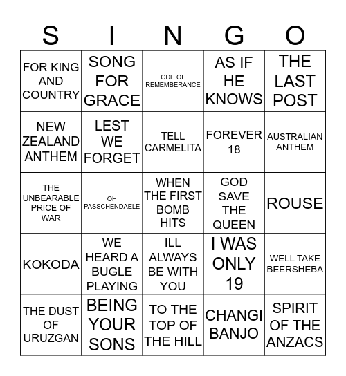 207 SPIRIT OF THE ANZACS Bingo Card