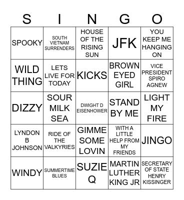 208 APOCOLYPSE NOW - SOUNDS OF THE 60’S Bingo Card