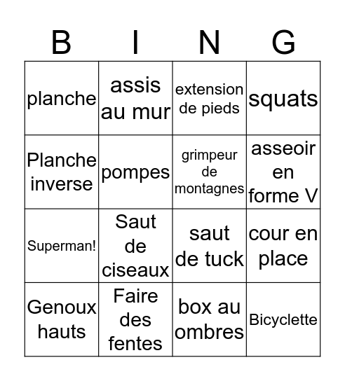 Bingo de Fitness Bingo Card