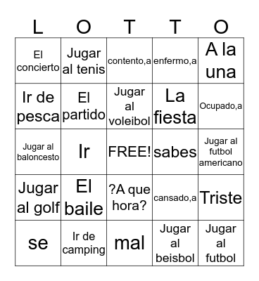Realidades 1 capitulo 4B Bingo Card