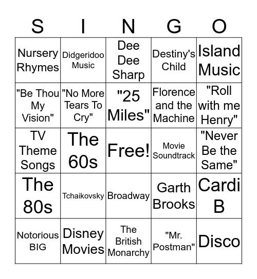 SINGO Bingo Card