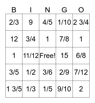 Fraction Bingo Card