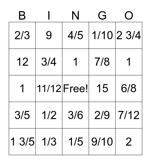 Fraction Bingo Card