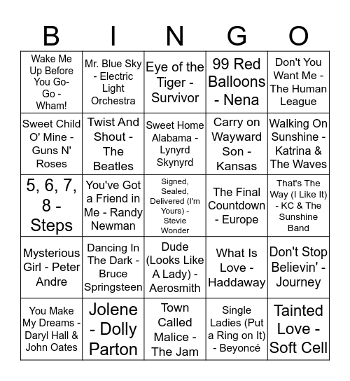 St Columba's Jukebox Bingo 2018 Bingo Card