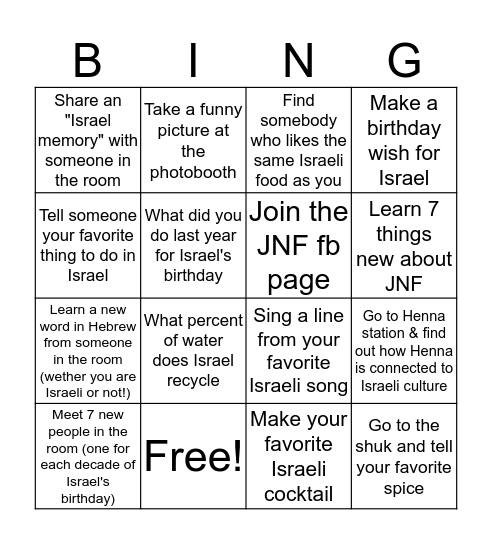 JNF Yom HaAtzmaut Bingo  Bingo Card