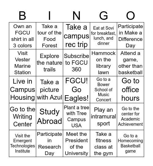 University Ambassador Bingo Card